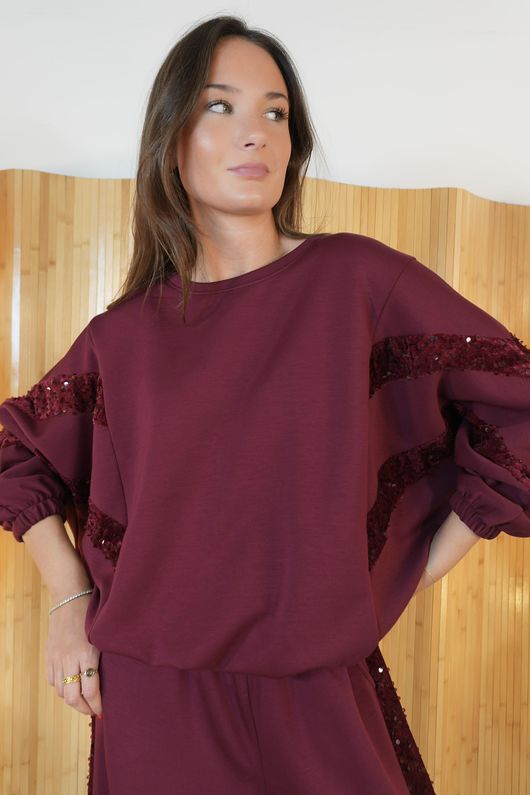 Soft Tech Sequin Sleeve Sweatshirt Burgundy /8=